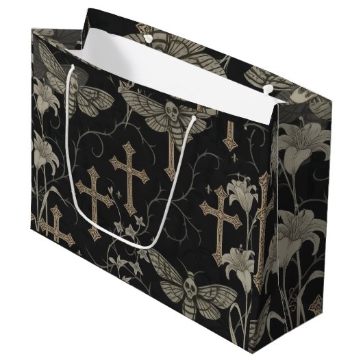 Gothic Moth & Cross Damask Gift Bag Groot Cadeauzakje (Voorkant Gekanteld)