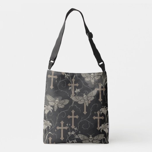 Gothic Moth & Cross Damask Tote Bag – Dark Vintage (Achterkant)