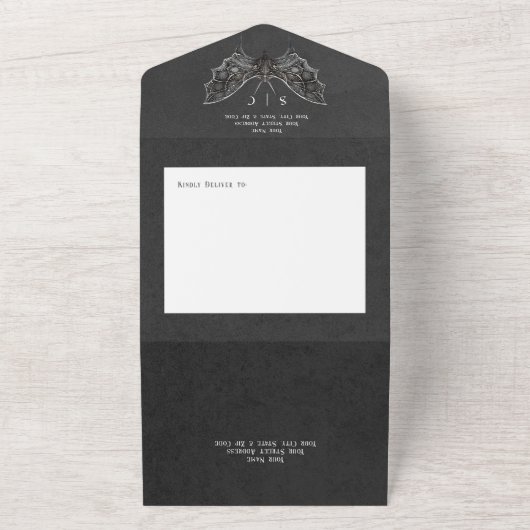 Gothic Moth Moody Zwart & Wit Diner All In One Uitnodiging (Buitenkant)