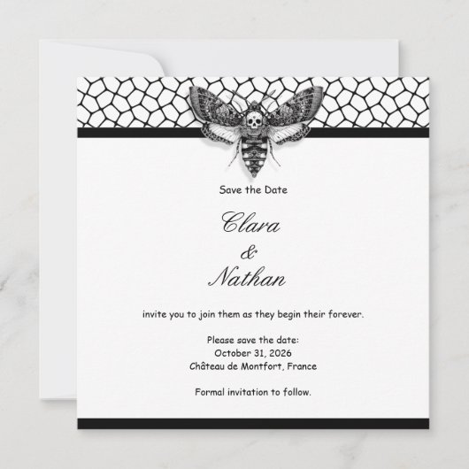 Gothic Moth Skull Save the Date – Elegant Zwart Kaart (Voorkant)