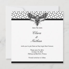 Gothic Moth Skull Save the Date – Elegant Zwart Kaart