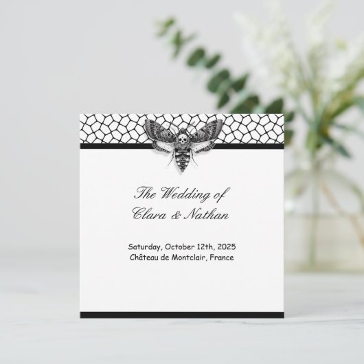 Gothic Moth Skull Wedding Program – Donker Elegant Kaart (Staand voorkant)