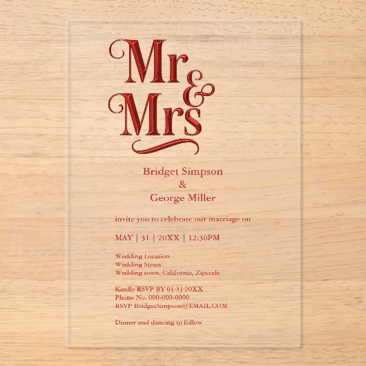 Gothic Mr. & Mrs. – Red Metallic Script Acryl Uitnodigingen (Voorkant)