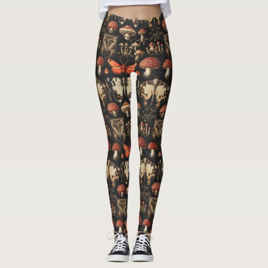 Gothic Mushroom Specimen Dark Academia Red Moth Leggings (Voorkant)
