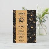 Gothic Mystical Moon Stars Moth Dark Wedding Invit Kaart (Staand voorkant)