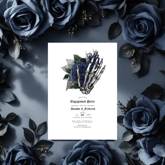 Gothic Navy Blauwe Rozen & Skelet Hand Verloving Kaart