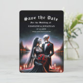 Gothic Navy skelet Trouw Save the Date (Staand voorkant)
