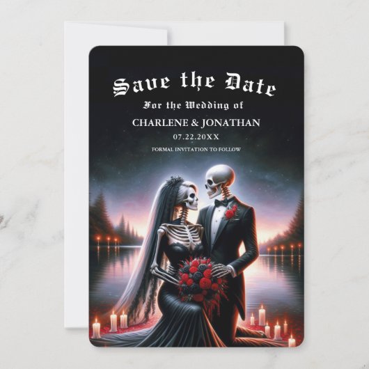 Gothic Navy skelet Trouw Save the Date (Voorkant)