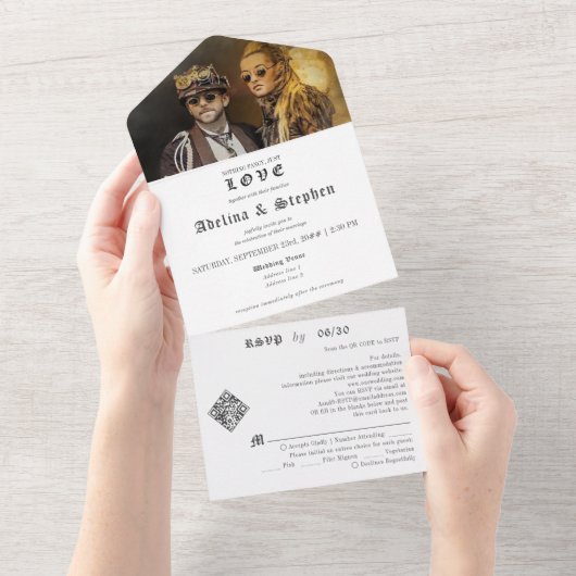 Gothic Niets Fancy Gewoon Liefde QR Code Bruiloft All In One Uitnodiging (Afscheurbaar)