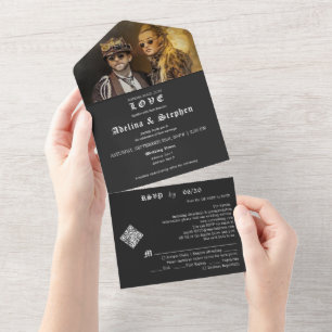 Gothic Niets Fancy Gewoon Liefde RSVP Zwart Bruilo All In One Uitnodiging