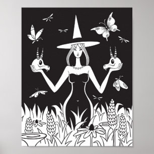 Gothic occult Witch Black White Skull Butterfly Poster