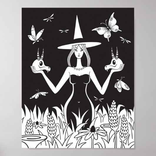 Gothic occult Witch Black White Skull Butterfly Poster (Voorkant)