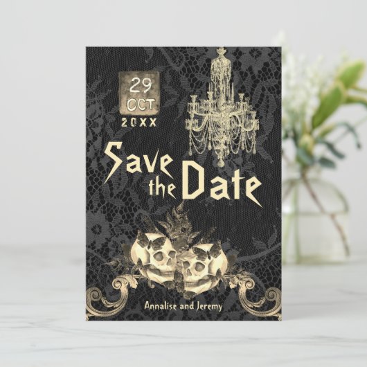 Gothic Oktober Skeleton Halloween Wedding Save The Date (Staand voorkant)
