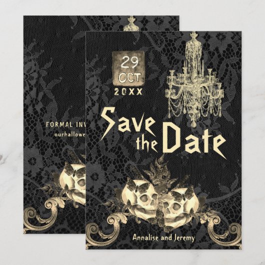 Gothic Oktober Skeleton Halloween Wedding Save The Date (Voorkant / Achterkant)