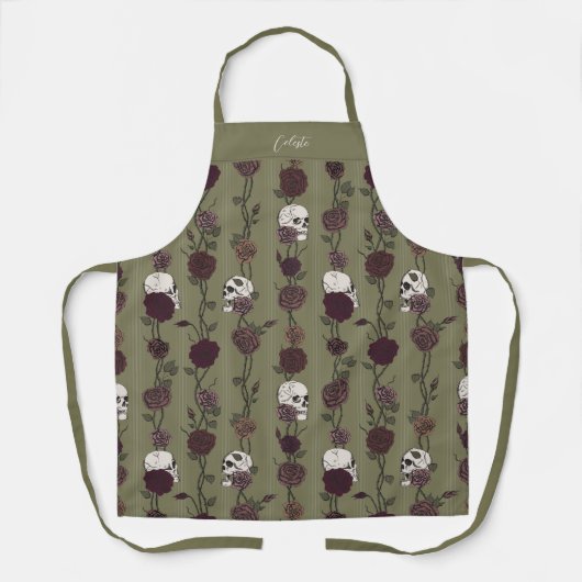 Gothic Olive Green Floral Skulls Schort (Voorkant)