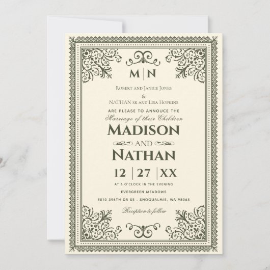  Gothic Olive Green Victoriaans Wedding Invit Kaart (Voorkant)