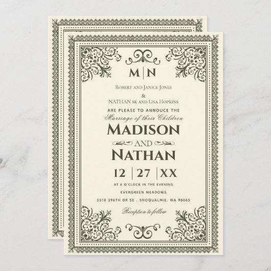  Gothic Olive Green Victoriaans Wedding Invit Kaart (Voorkant / Achterkant)