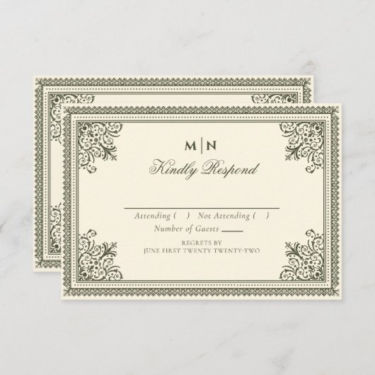  Gothic Olive Green Victoriaans Wedding RSVP Informatiekaartje (Voorkant / Achterkant)