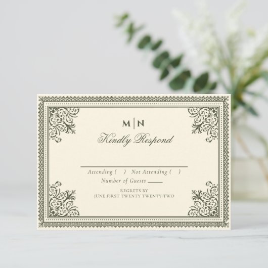  Gothic Olive Green Victoriaans Wedding RSVP Informatiekaartje (Staand voorkant)