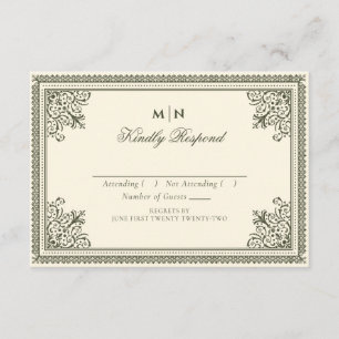  Gothic Olive Green Victoriaans Wedding RSVP Informatiekaartje