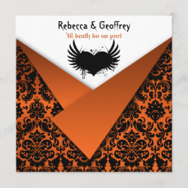 Gothic Oranje and Black Damask Wedding Invitation Kaart