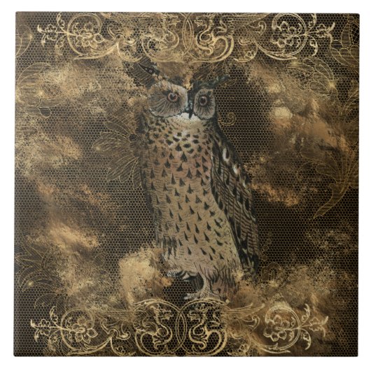 Gothic Owl & Golden Lace Pattern on Black Tegeltje (Voorkant)
