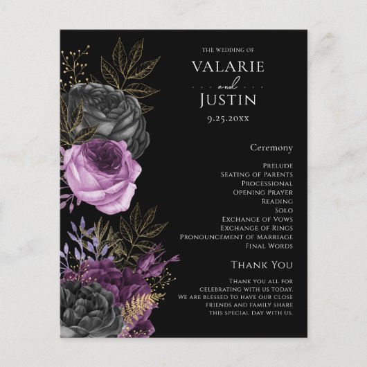 Gothic Paars and Black Floral Wedding Programme (Voorkant)