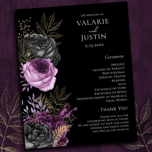Gothic Paars and Black Floral Wedding Programme