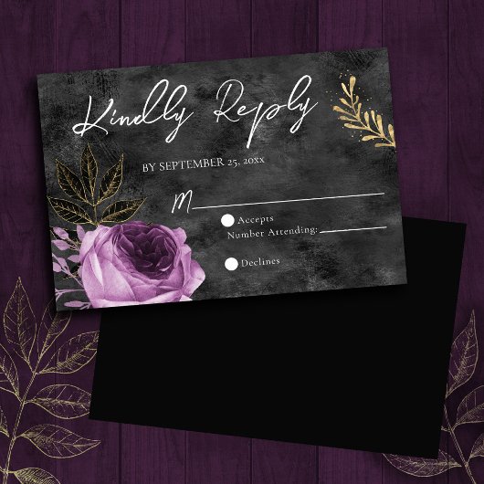 Gothic Paars and Black Floral Wedding RSVP Kaart