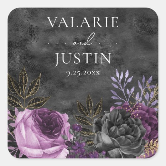 Gothic Paars and Black Floral Wedding Vierkante Sticker (Voorkant)