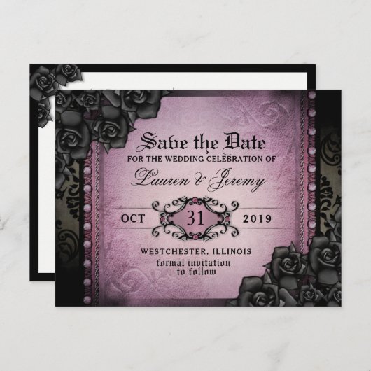 Gothic Paars & Black Halloween Save Date Briefkaar Aankondigingskaart (Voorkant / Achterkant)