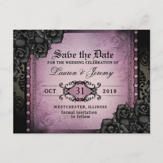Gothic Paars & Black Halloween Save Date Briefkaar Aankondigingskaart (Voorkant)