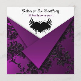 Gothic Paars, Black, White Wedding Invitation Kaart