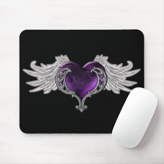 Gothic Paars hart met Angel Wings Mousepad Muismat (Met muis)