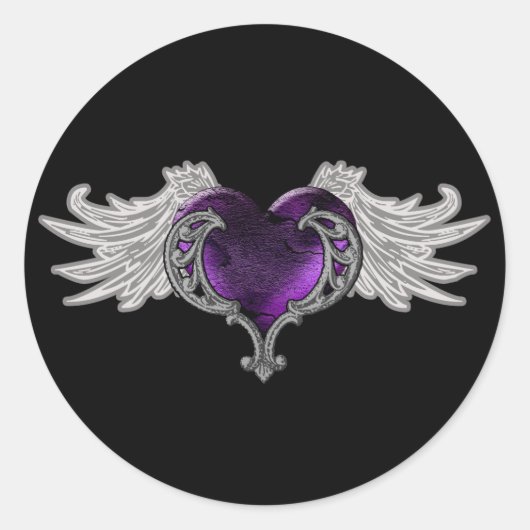 Gothic Paars hart met Angel Wings Ronde Sticker (Voorkant)