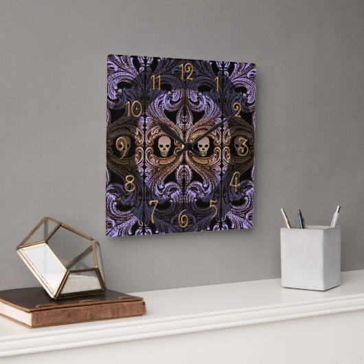 Gothic Paars Ornament and Skull Vierkante Klok (Kantoor)