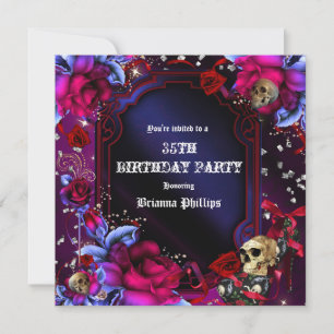 Gothic Paars Roses Skulls Bling Invitation Kaart