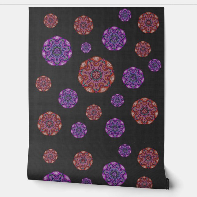 Gothic Paarse en Oranje Fan Mandala's op Donkergri Behang (Afrollen)