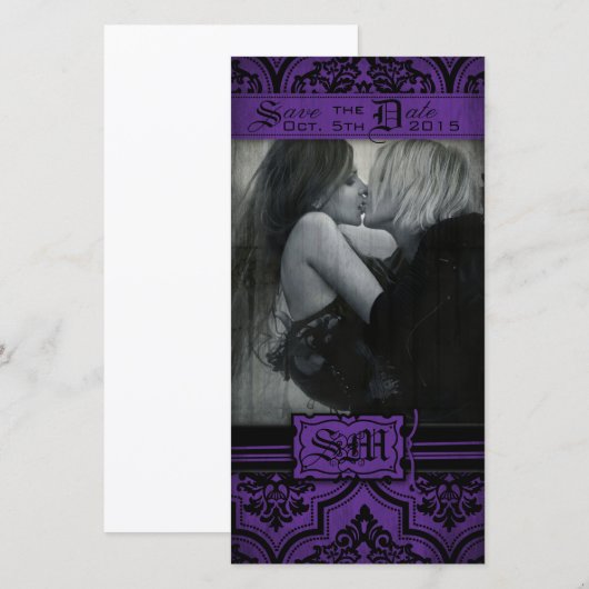 Gothic Paarse en zwarte Damask Save the Date (Voorkant / Achterkant)