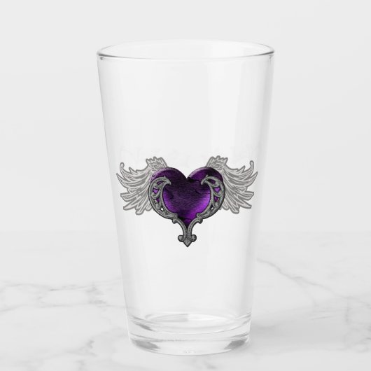 Gothic Paarse Hart met Angel Wings Glass Cup Glas (Voorkant)