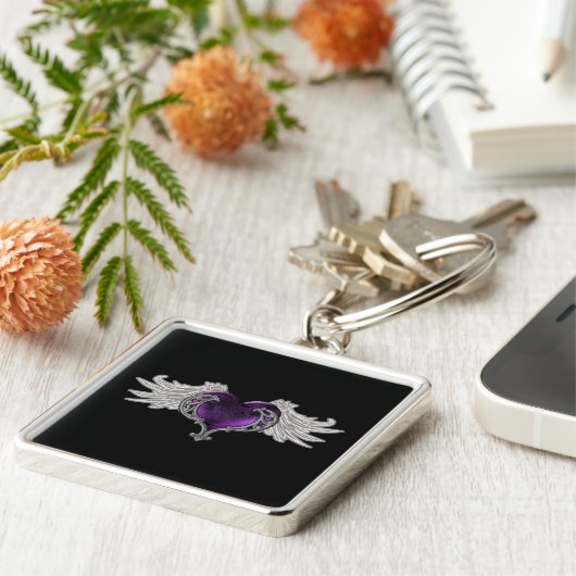 Gothic Paarse Hart met Angel Wings Sleutelhanger (Zijkant)