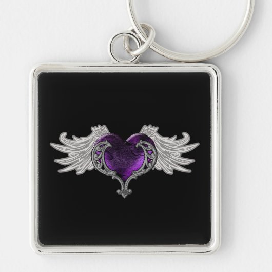 Gothic Paarse Hart met Angel Wings Sleutelhanger (Voorkant)