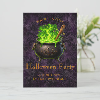 Gothic Paarse Heksenketel Halloween Feest Uitnodig Kaart