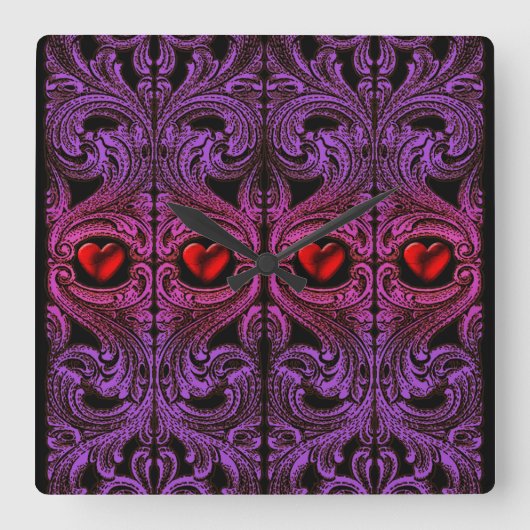 Gothic Paarse Ornament met hart Vierkante Klok (Voorkant)