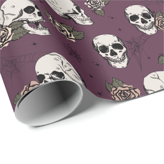 Gothic Paarse schedel en bloemen Halloween Cadeaupapier (Rol Hoek)