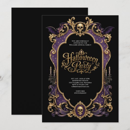 Gothic Paarse Schedel Halloween Feest Kaart (Voorkant / Achterkant)