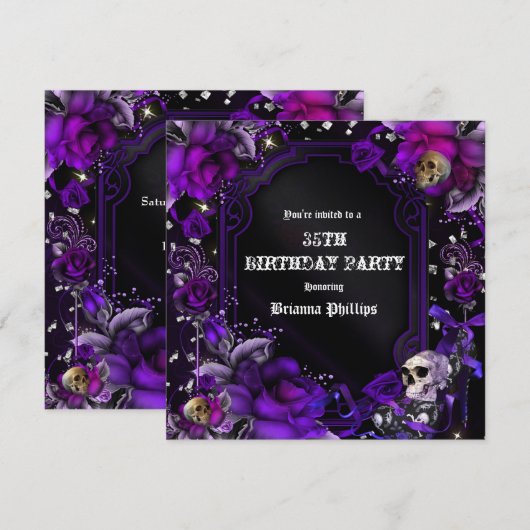 Gothic Paarse Zwarte Rozen Schedels Bling Uitnodig Kaart (Voorkant / Achterkant)