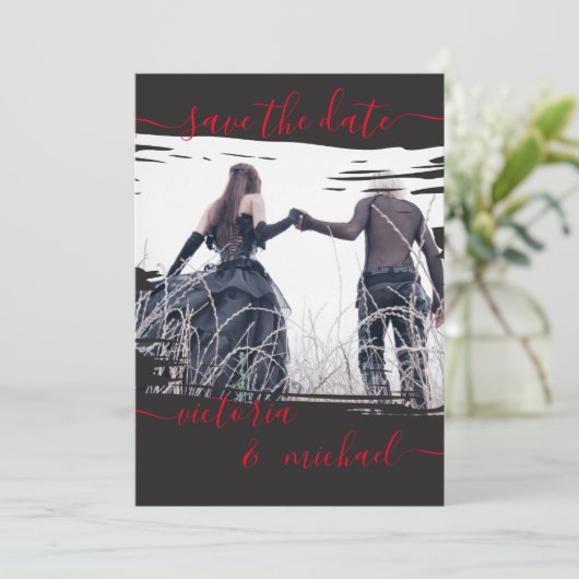 Gothic Penseelstreek Trouwfoto Opslaan van de datu Kaart (Staand voorkant)