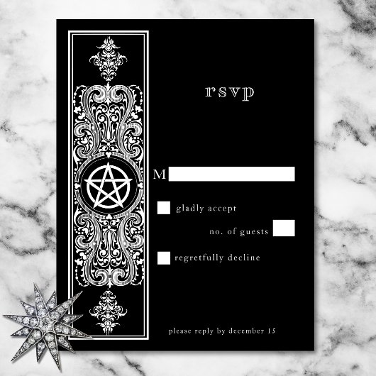 Gothic Pentagram Star Zwart Wit Huwelijk RSVP Kaartje