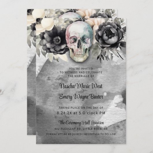 Gothic Peony & Skull Black Floral Wedding Kaart (Voorkant / Achterkant)